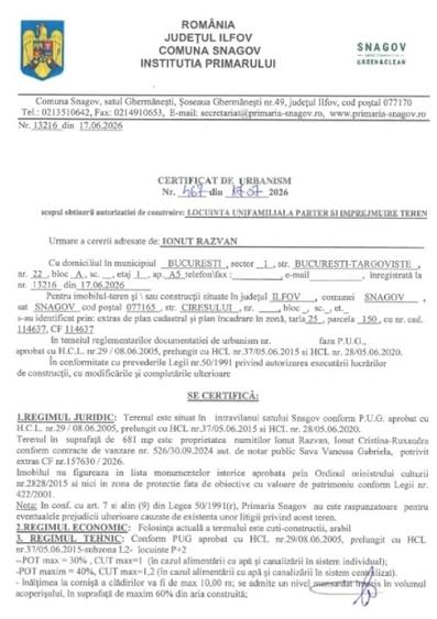 Teren Construcții intravilan de 681 mp, în Snagov