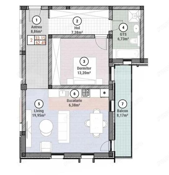 Apartament cu 2 camere 62 mp utili - 1