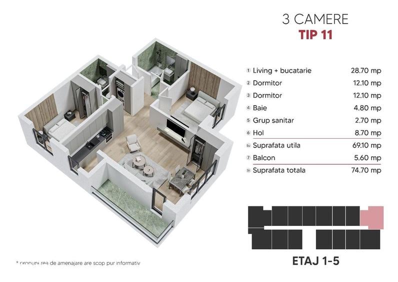 PROMOTIE!! Apartament 3 camere decomandat , Metrou Berceni 15min - 7