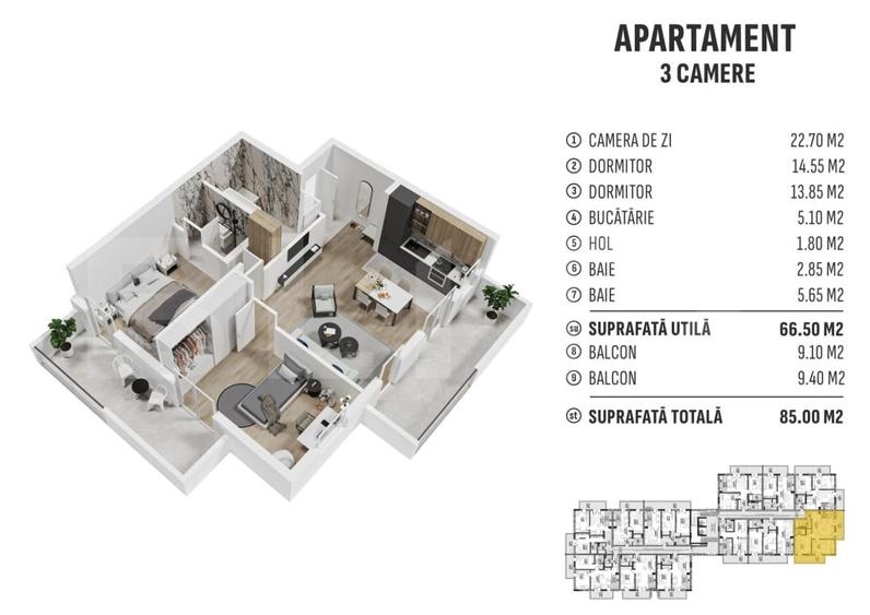 Apartament 3 camere, 2 băi, 2 terase, bloc nou , zona Casa Somesana - 8