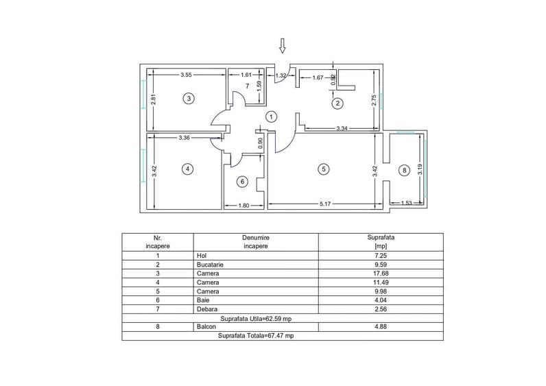 Apartament cu 3 camere decomandat în Central