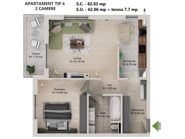 Apartament cu 2 camere decomandat în Tunari