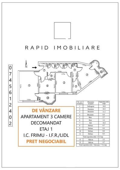 Apartament cu 3 camere decomandat în Sud