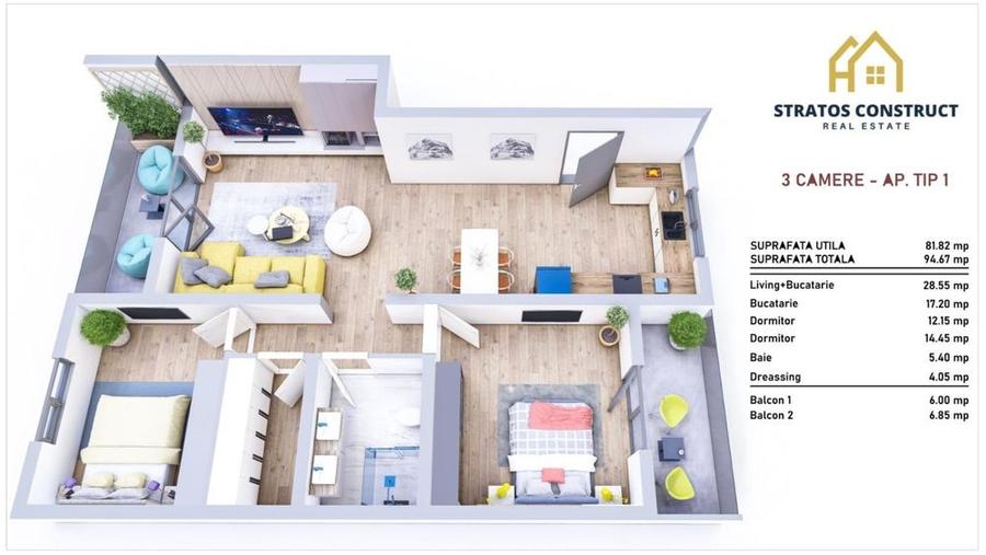 Apartament cu 3 camere în Central