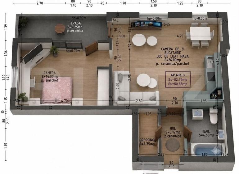 Apartament modern cu 2 camere | Terasa | 50,56 mp utili - 4