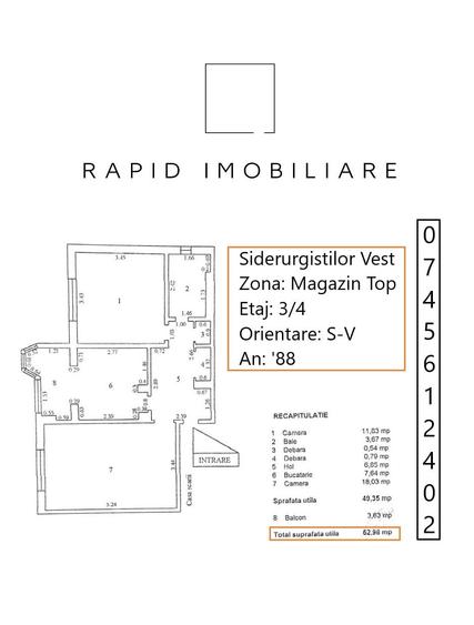 2 Camere | Etaj 3 | Magazin TOP | Sid-Vest | 53 mp | An '88 | Mob+Ut - 12