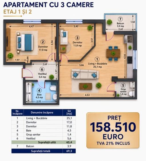 Apartament 3 camere Westside Residence Otopeni, 2 bai, et.1 - 3
