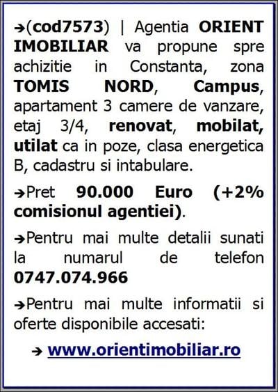 Tomis Nord, Campus, 3 camere, renovat, vanzari Constanta - 6