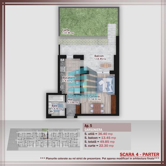Garsoniera 50 mp- Gradina 23 mp- Investitie- Metrou Teclu - 5