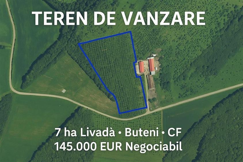 Teren 7 ha. livada Buteni, Jud. Arad CF, acces drum. - 2