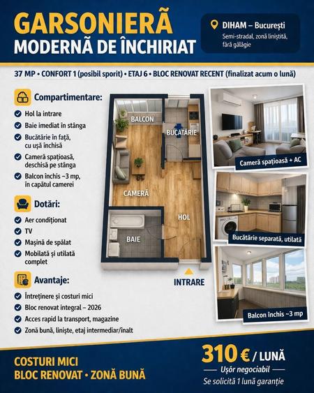 Garsoniera moderna 37mp bloc renovat 2026 utilata mobilata balcon - 2