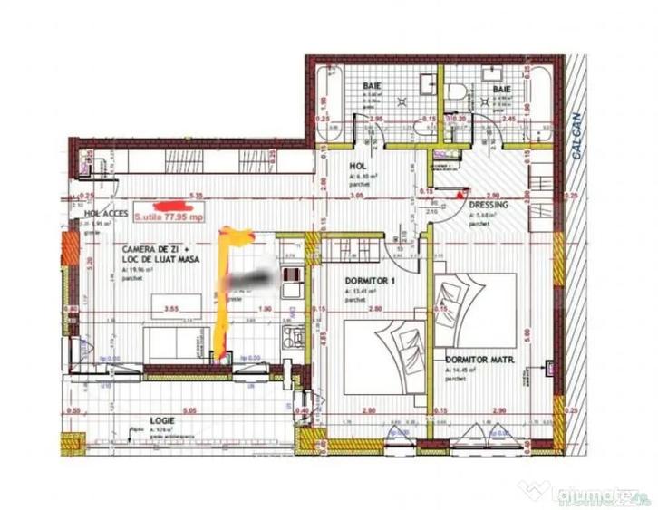 Apartament cu 4 camere, semifinisat, 78 mp utili, 2 bai, par - 1