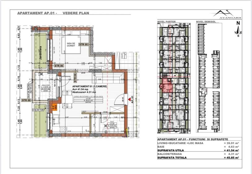 Apartament 1 camera , 45,85 mp, etaj parter, zona Cetatii - 1
