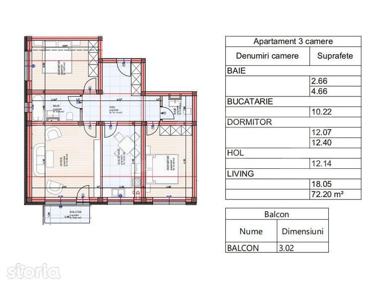 Apartament 3 camere, 2 bai , 72 mp + 3 mp terasa - 1