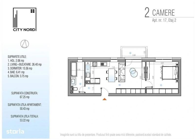 Apartament 2 camere 53 mp, eficient compartimentat, Etaj 2, - 10
