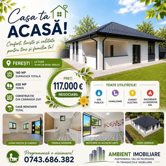 Casă cu 3 camere cu Teren 650 Mp în Ferești