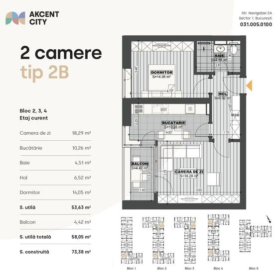 Apartament cu 2 camere în Bucureștii Noi