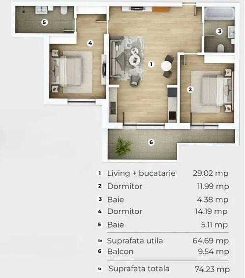 Apartament cu 3 camere semidecomandat, mobilat în Popești-Leordeni