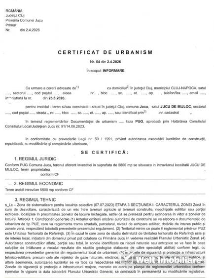 Teren agricol intravilan de 5800 mp, în Jucu de Mijloc