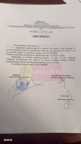 Teren de 16300 mp, în Adunații-Copăceni