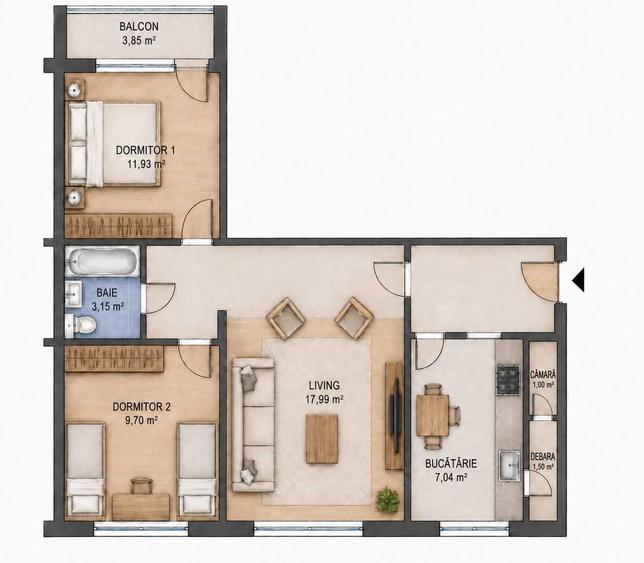 Apartament cu 3 camere semidecomandat în Berceni