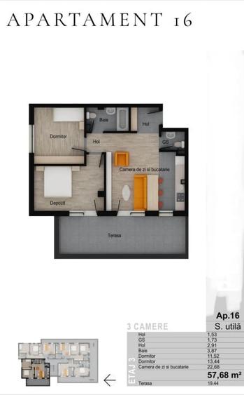 Apartament de 3 camere FINISAT / Muzeul Apei 57,68 mp, terasa 19,44 mp, - 8