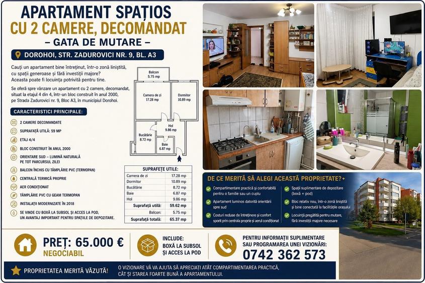 Apartament cu 2 camere decomandat în Central