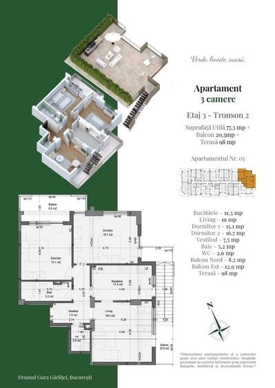 AP. 3CAM. DECOMANDAT + TERASA IN BLOC P+3 / PALLADY. COMISION 0%! - 2