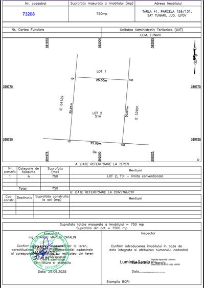 Teren Construcții intravilan de 750 mp, în Tunari