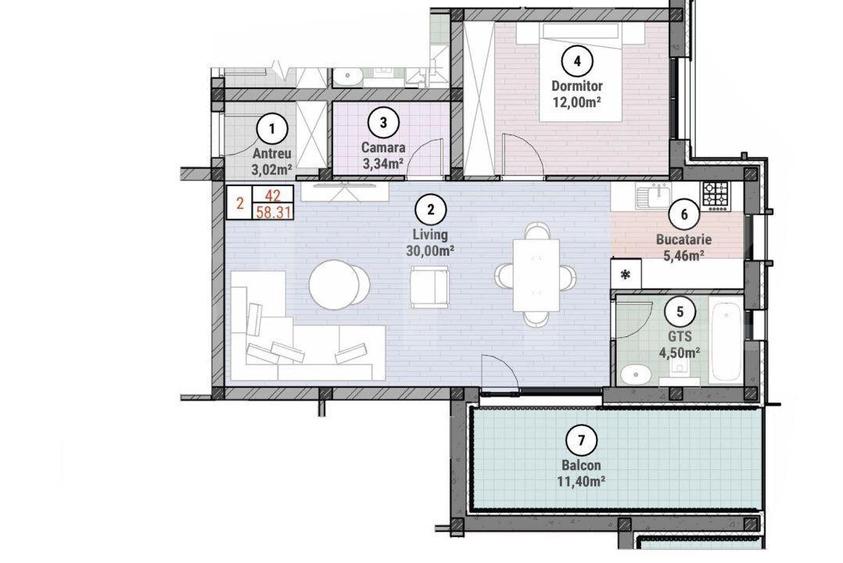 Apartament cu 2 camere 58 mp utili + balcon 11 mp, Mosnita Noua - 1