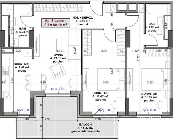 Apartament cu 3 camere semidecomandat în Mărăști