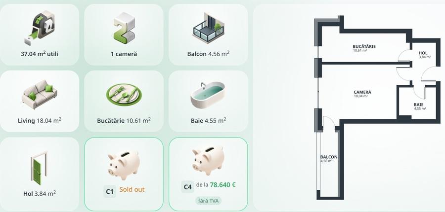Apartament 1Cam, 78.640 euro+TVA, 41,6mp - 1
