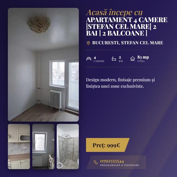 Apartament cu 4 camere semidecomandat, mobilat în Ștefan cel Mare
