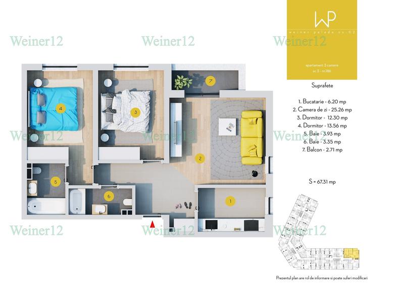 Apartament cu 3 camere decomandat în Vest