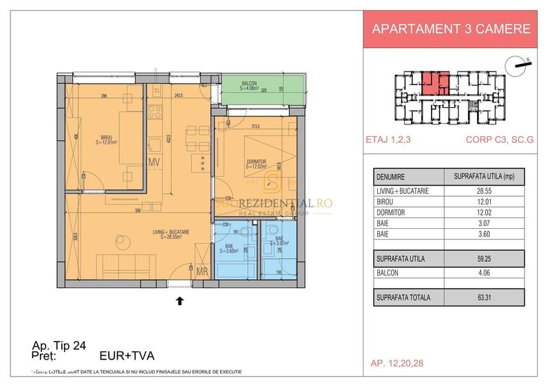Apartament cu 3 camere, mobilat în Central