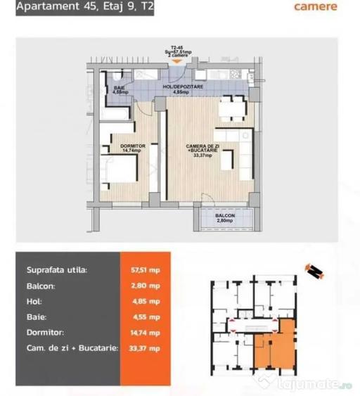 Apartament cu 2 camere decomandat în Noua
