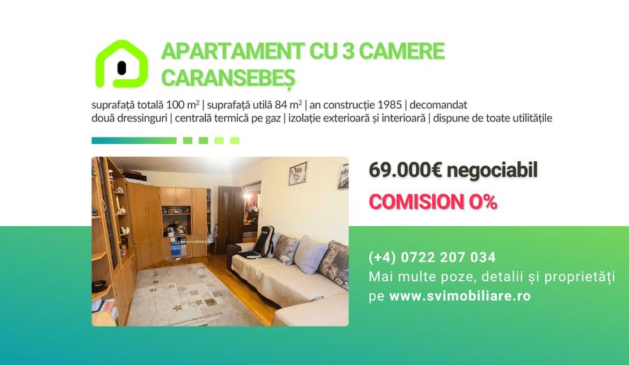 Apartament cu 3 camere decomandat, mobilat în Caransebeș
