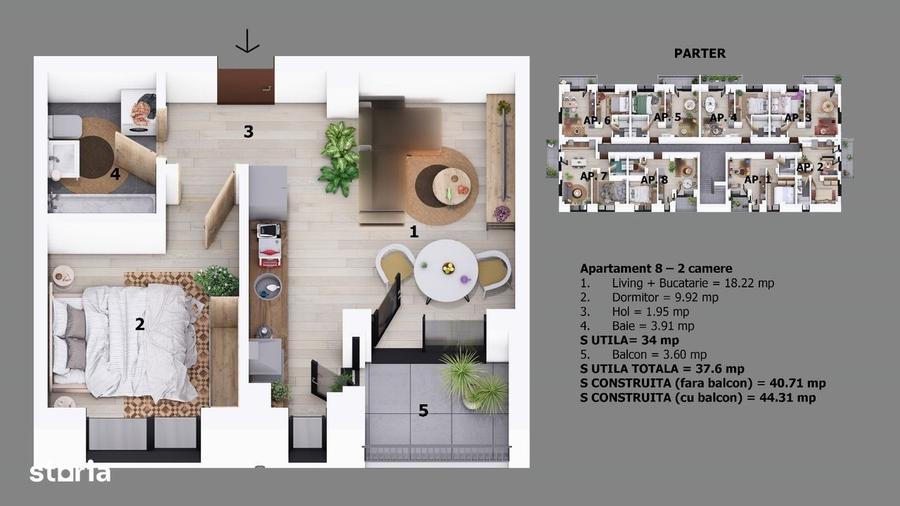 Apartament cu 2 camere în Odăile