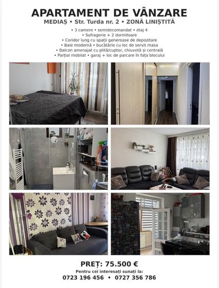 Apartament cu 3 camere semidecomandat în Central