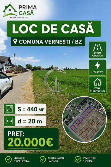 Teren Construcții intravilan de 400 mp, în Vernești