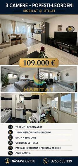 Apartament cu 3 camere decomandat, mobilat în Central
