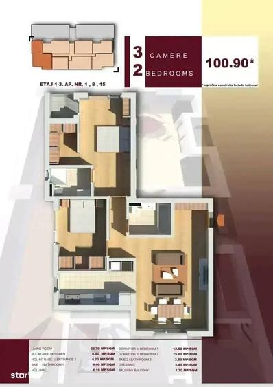 Apartament cu 3 camere decomandat în Central
