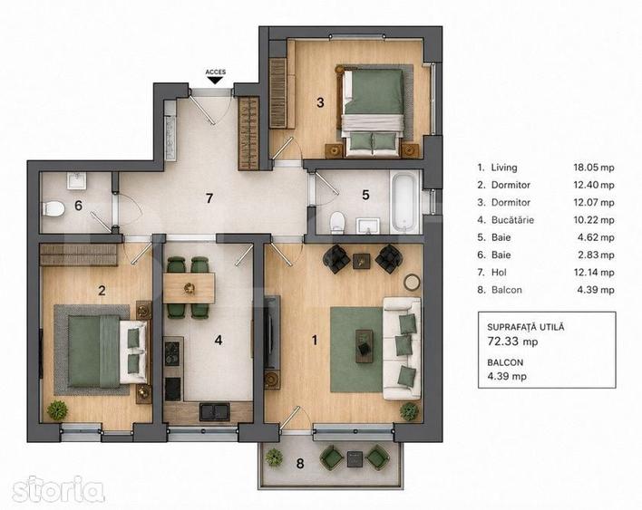 Apartament 3 camere, 2 bai , 72 mp + 4 mp terasa - 1