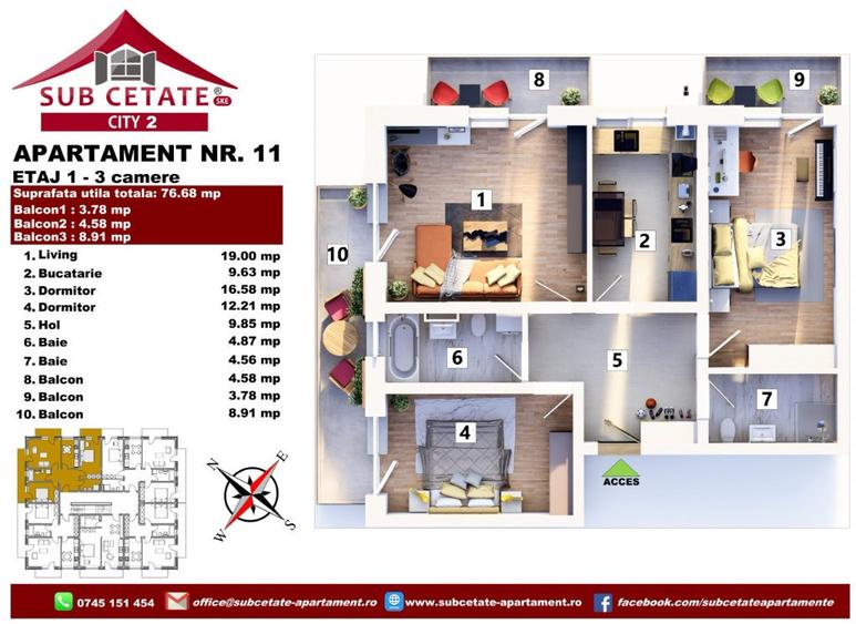 3 camere la mansarda 77 mp utili+terase si cu credite bancare - 1
