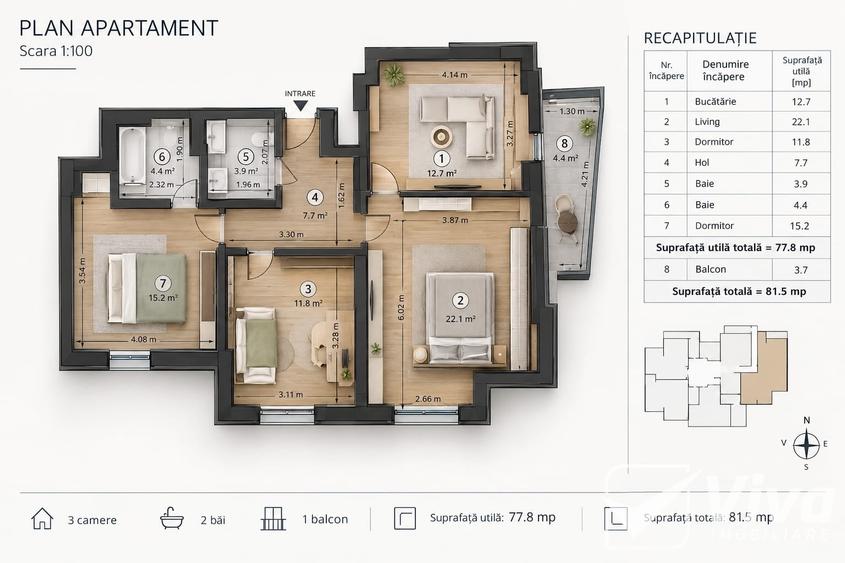 Apartament cu 3 camere decomandat în Tudor Vladimirescu