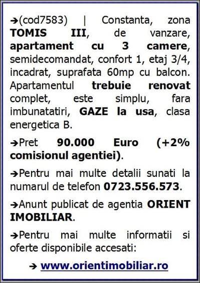 Tomis 3, apartament 3 camere, etaj 3, vanzari Constanta - 3