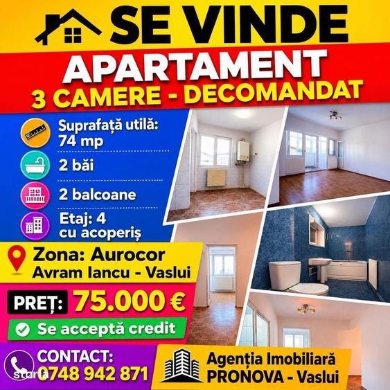 Apartament cu 3 camere, balcon si incalzire centrala - 1