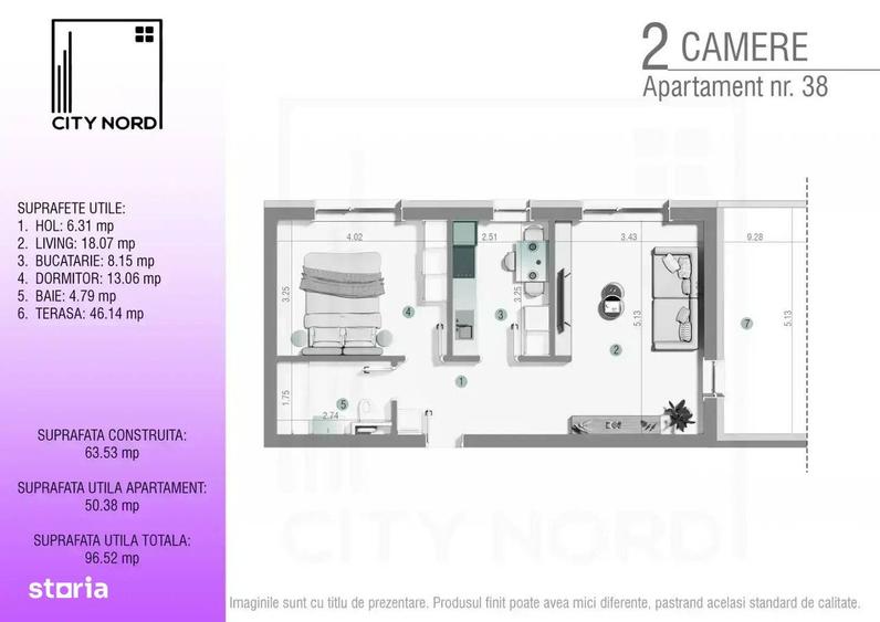 2 camere cu terasa 46mp - Predare Martie - CITY NORD - 2
