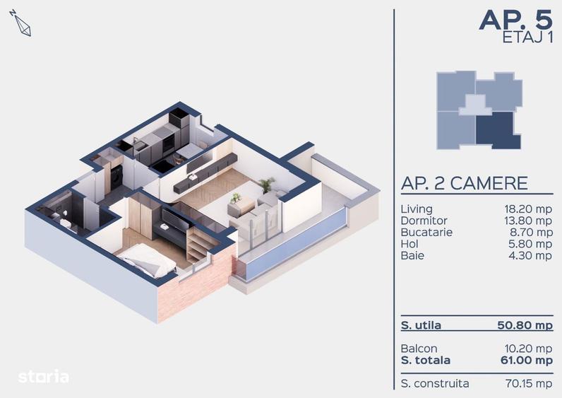 Apartament 2 camere cu balcon si lift, locuinta noua - 2
