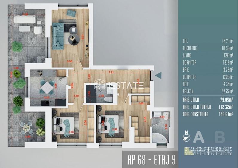 Apartament cu 3 camere decomandat în Titan